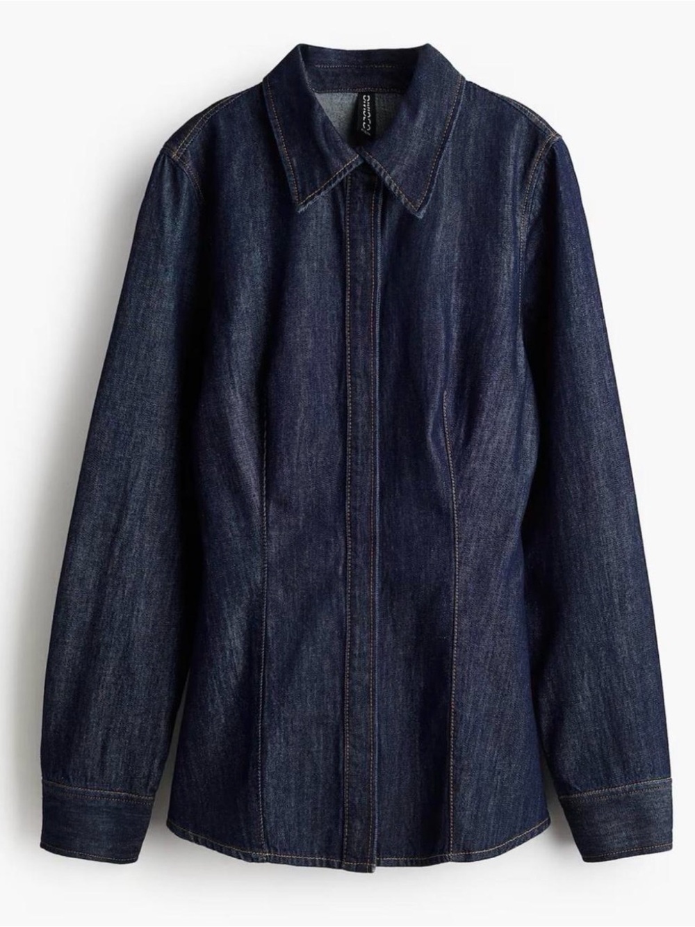 Dark denim tapered waist button-down shirt